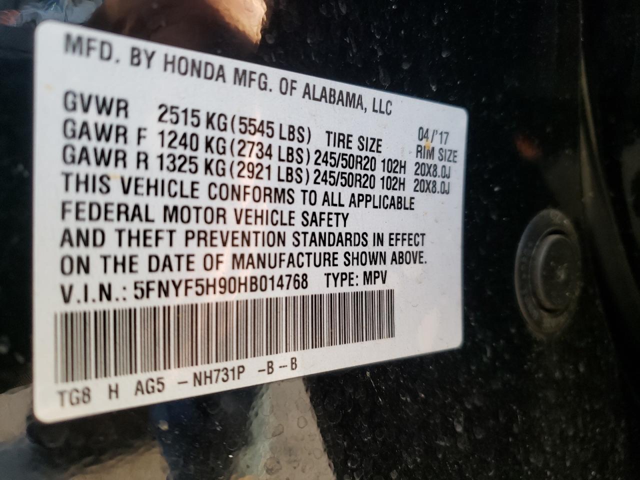 Photo 10 from auction – 2017 HONDA PILOT TOUR with VIN 5FNYF5H90HB014768