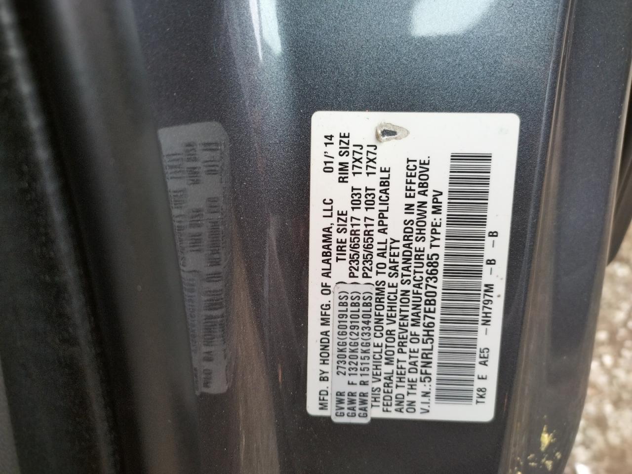 Photo 10 from auction – 2014 HONDA ODYSSEY EX with VIN 5FNRL5H67EB073685