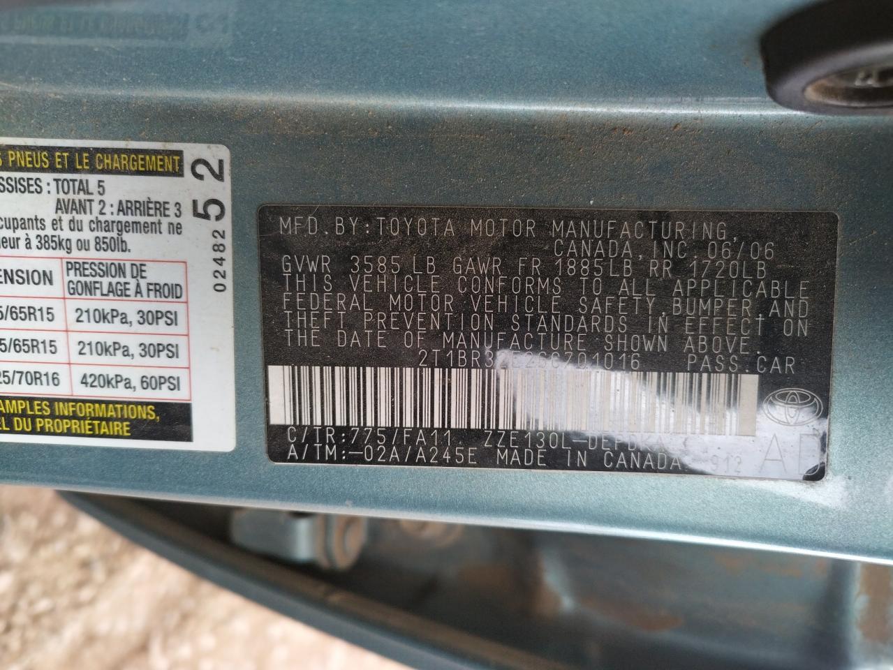 Photo 10 from auction – 2006 TOYOTA COROLLA CE with VIN 2T1BR32E26C701016