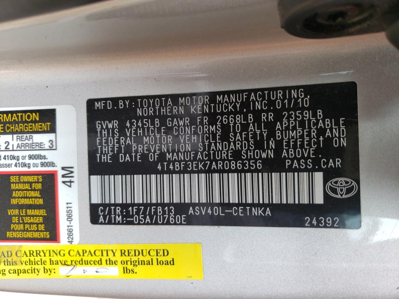 Photo 10 from auction – 2010 TOYOTA CAMRY BASE with VIN 4T4BF3EK7AR086356