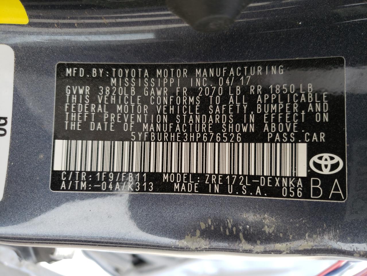 Photo 10 from auction – 2017 TOYOTA COROLLA L with VIN 5YFBURHE3HP676526
