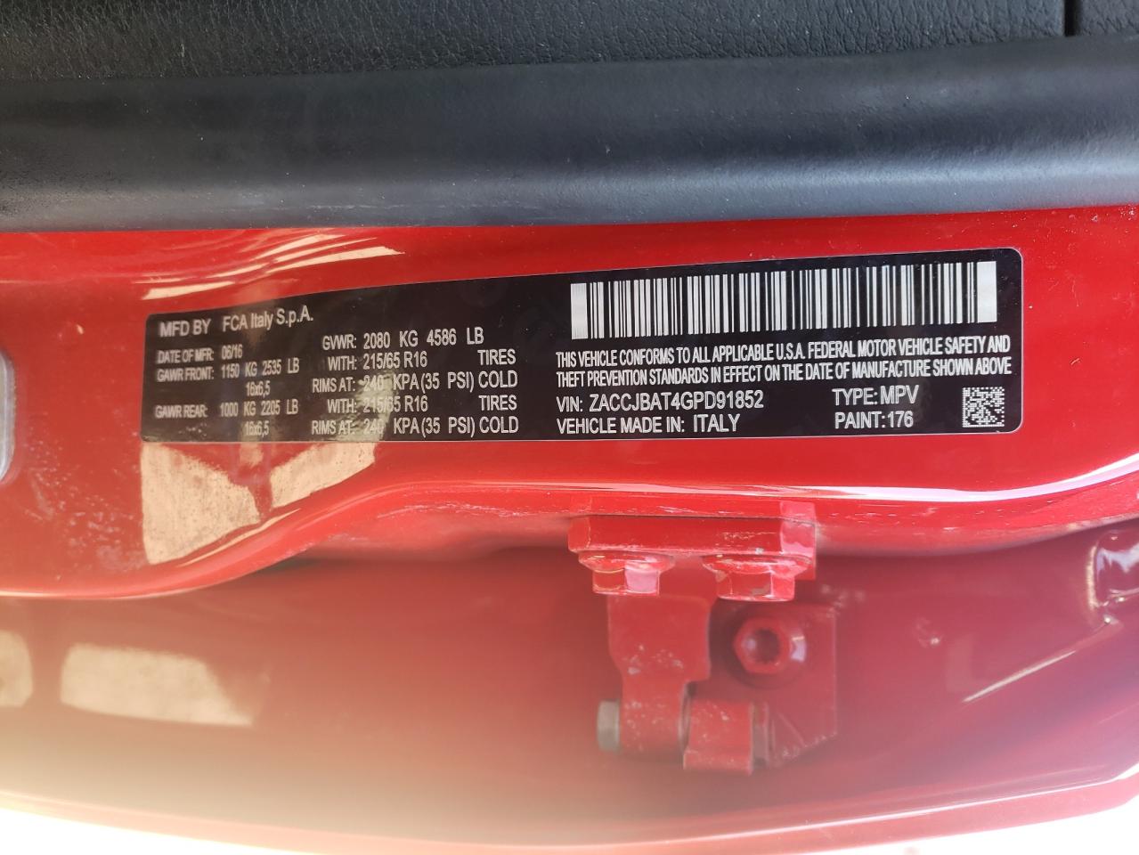 Photo 10 from auction – 2016 JEEP RENEGADE S with VIN ZACCJBAT4GPD91852