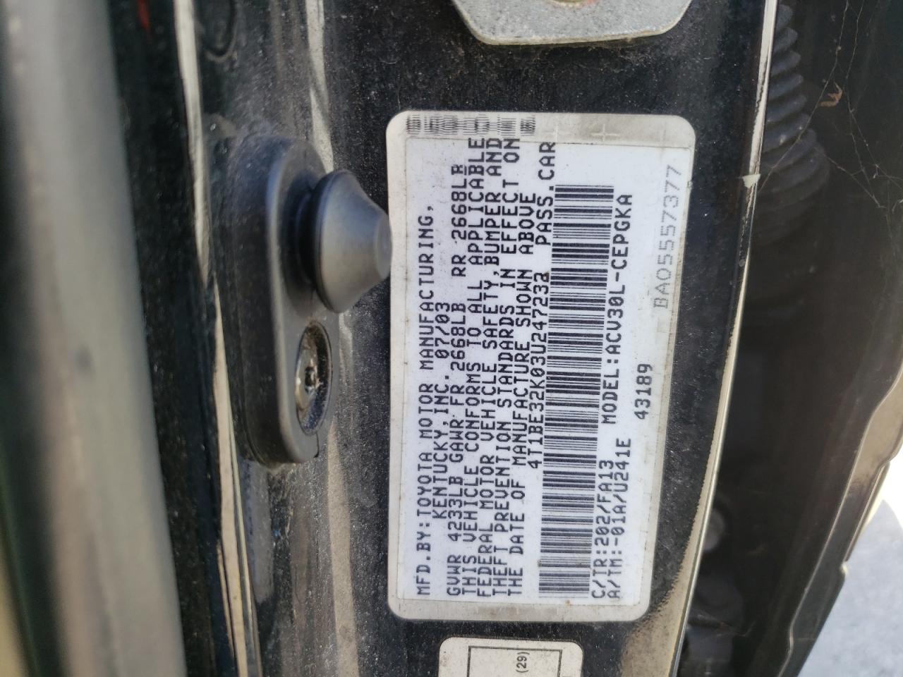 Photo 10 from auction – 2003 TOYOTA CAMRY LE with VIN 4T1BE32K03U247232