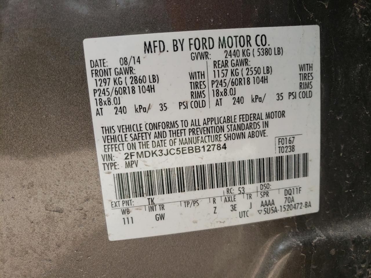 Photo 10 from auction – 2014 FORD EDGE SEL with VIN 2FMDK3JC5EBB12784