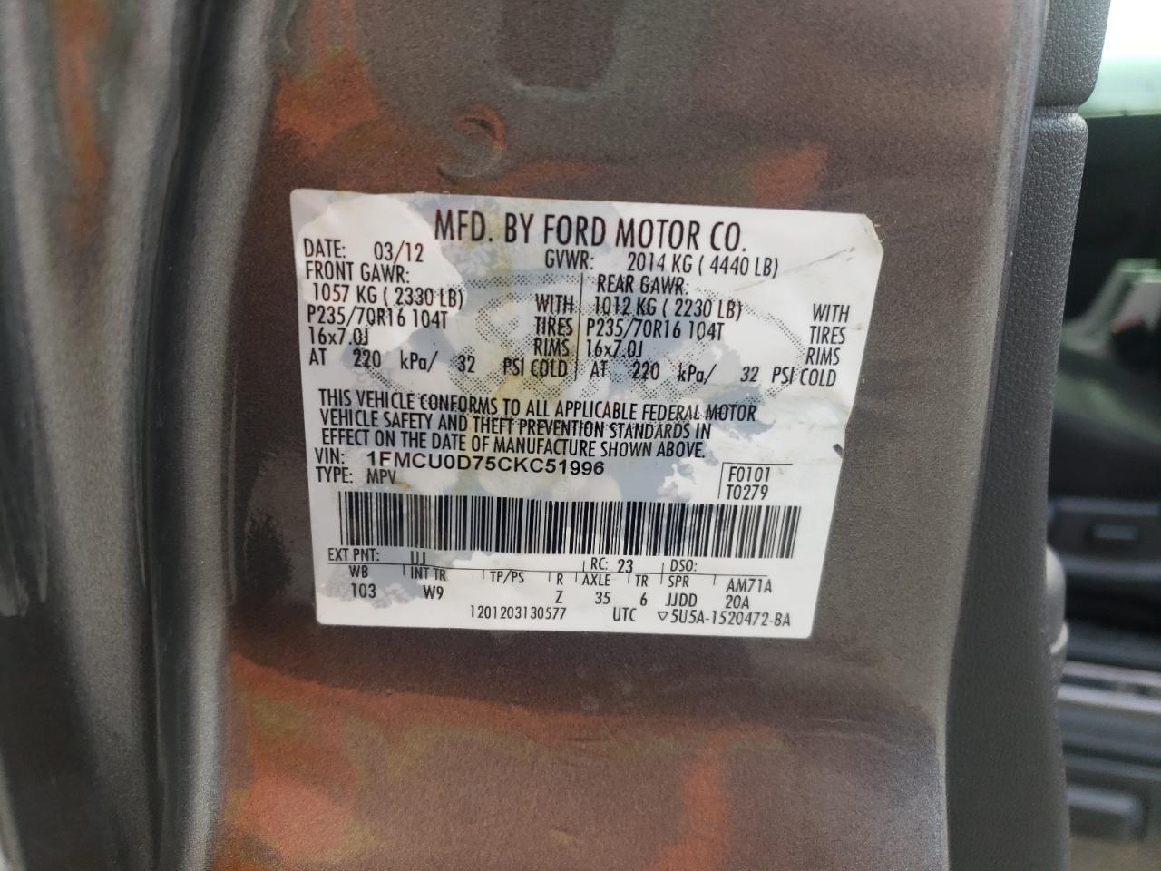 Фото 10 с аукциона – 2012 FORD ESCAPE XLT с VIN 1FMCU0D75CKC51996