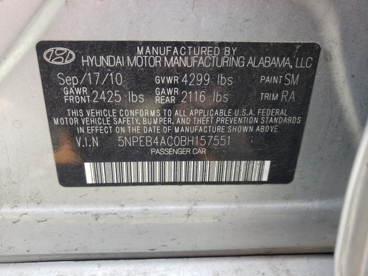 Photo 10 from auction – 2011 HYUNDAI SONATA GLS with VIN 5NPEB4AC0BH157551
