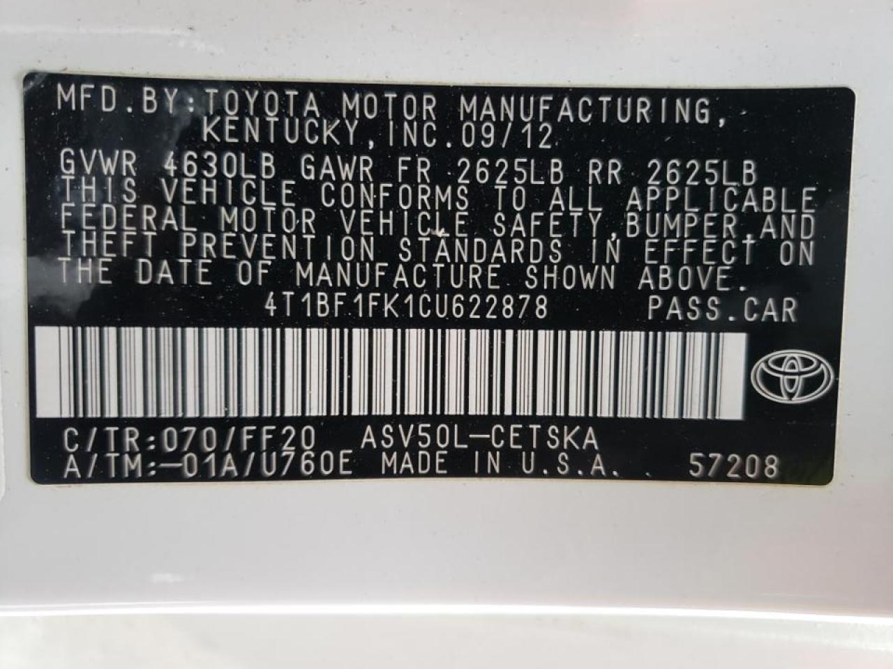 Photo 10 from auction – 2012 TOYOTA CAMRY BASE with VIN 4T1BF1FK1CU622878
