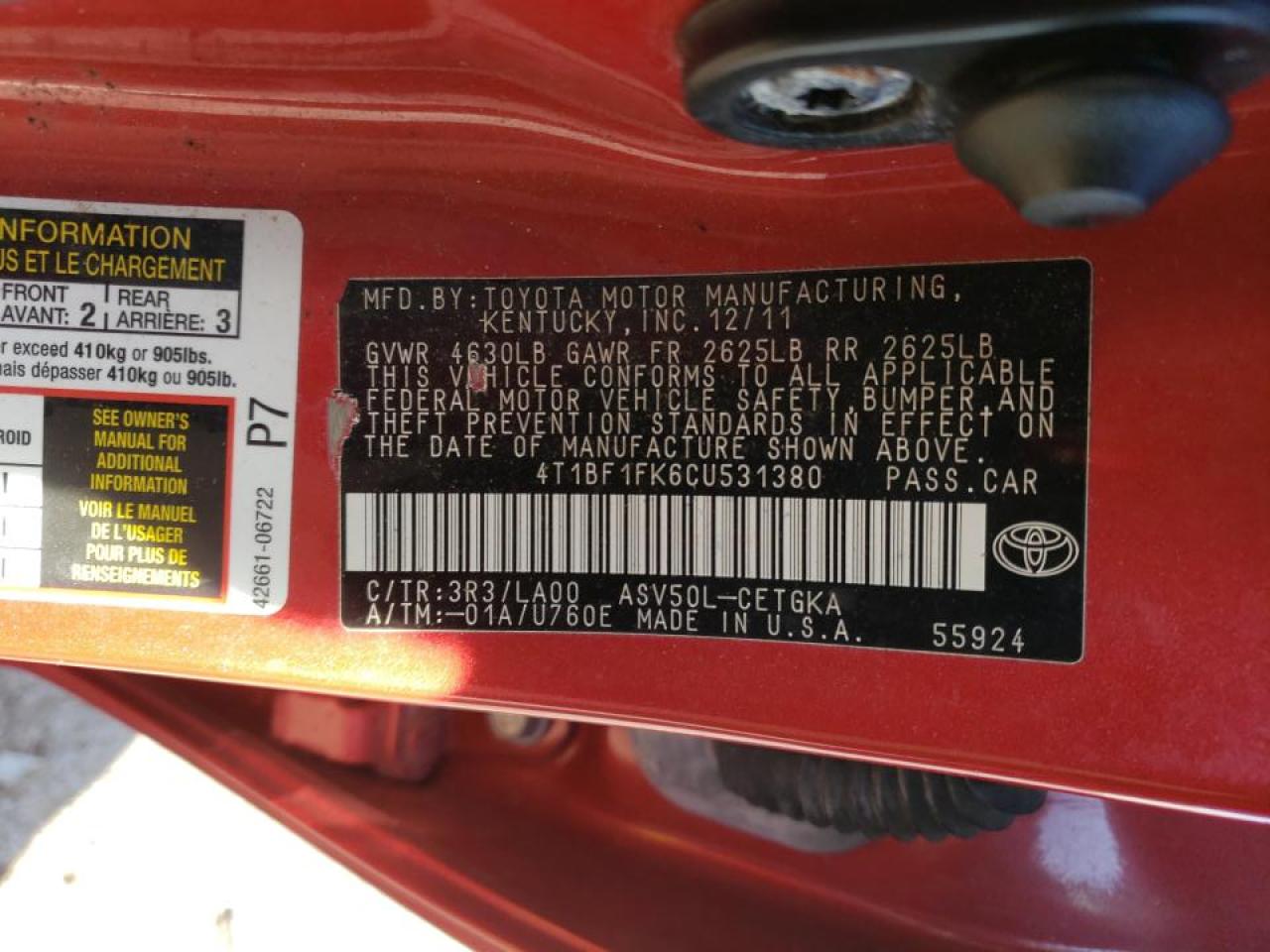 صورة رقم 10 من المزاد - 2012 TOYOTA CAMRY BASE مع VIN 4T1BF1FK6CU531380