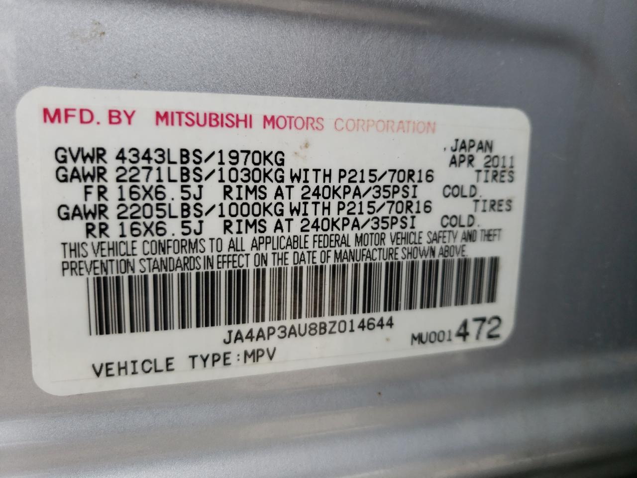 Photo 10 from auction – 2011 MITSUBISHI OUTLANDER with VIN JA4AP3AU8BZ014644