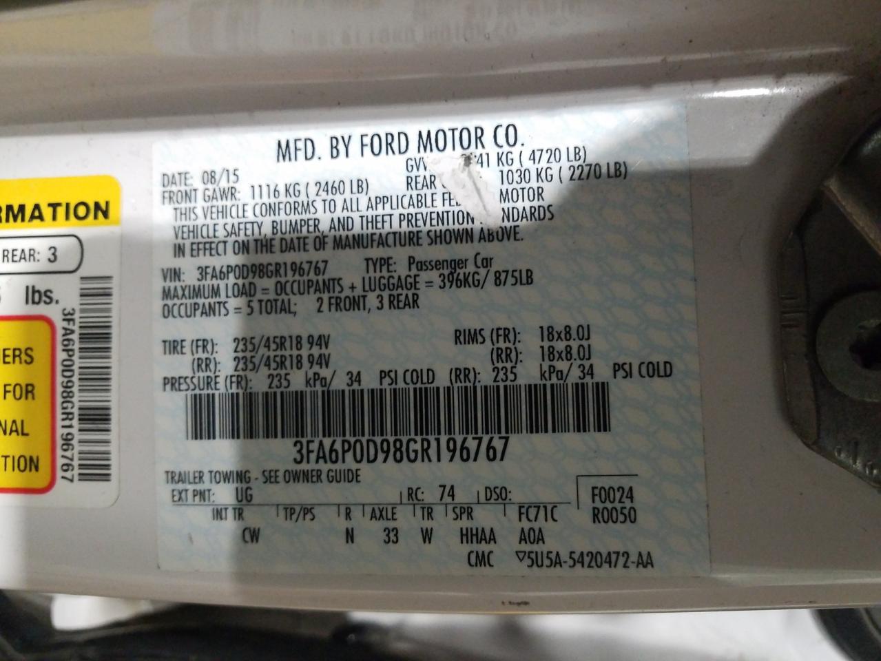 Photo 10 from auction – 2016 FORD FUSION TIT with VIN 3FA6P0D98GR196767
