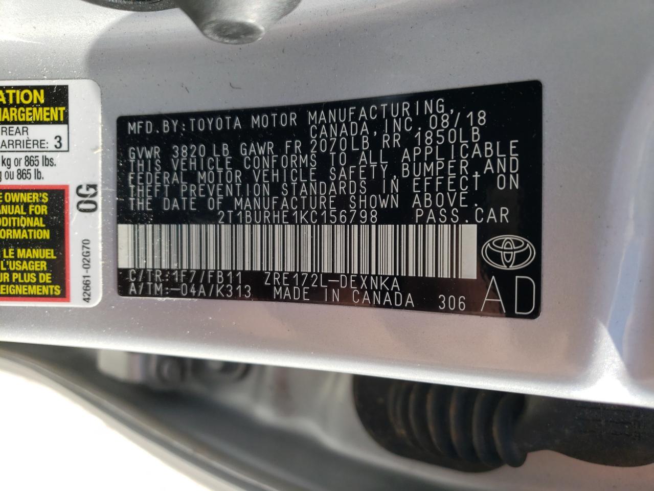 Photo 10 from auction – 2019 TOYOTA COROLLA L with VIN 2T1BURHE1KC156798