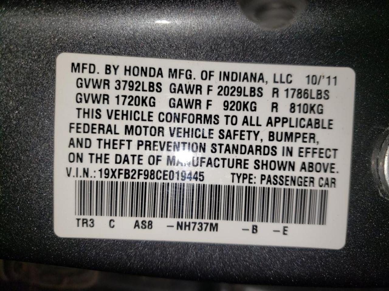 Photo 10 from auction – 2012 HONDA CIVIC EXL with VIN 19XFB2F98CE019445