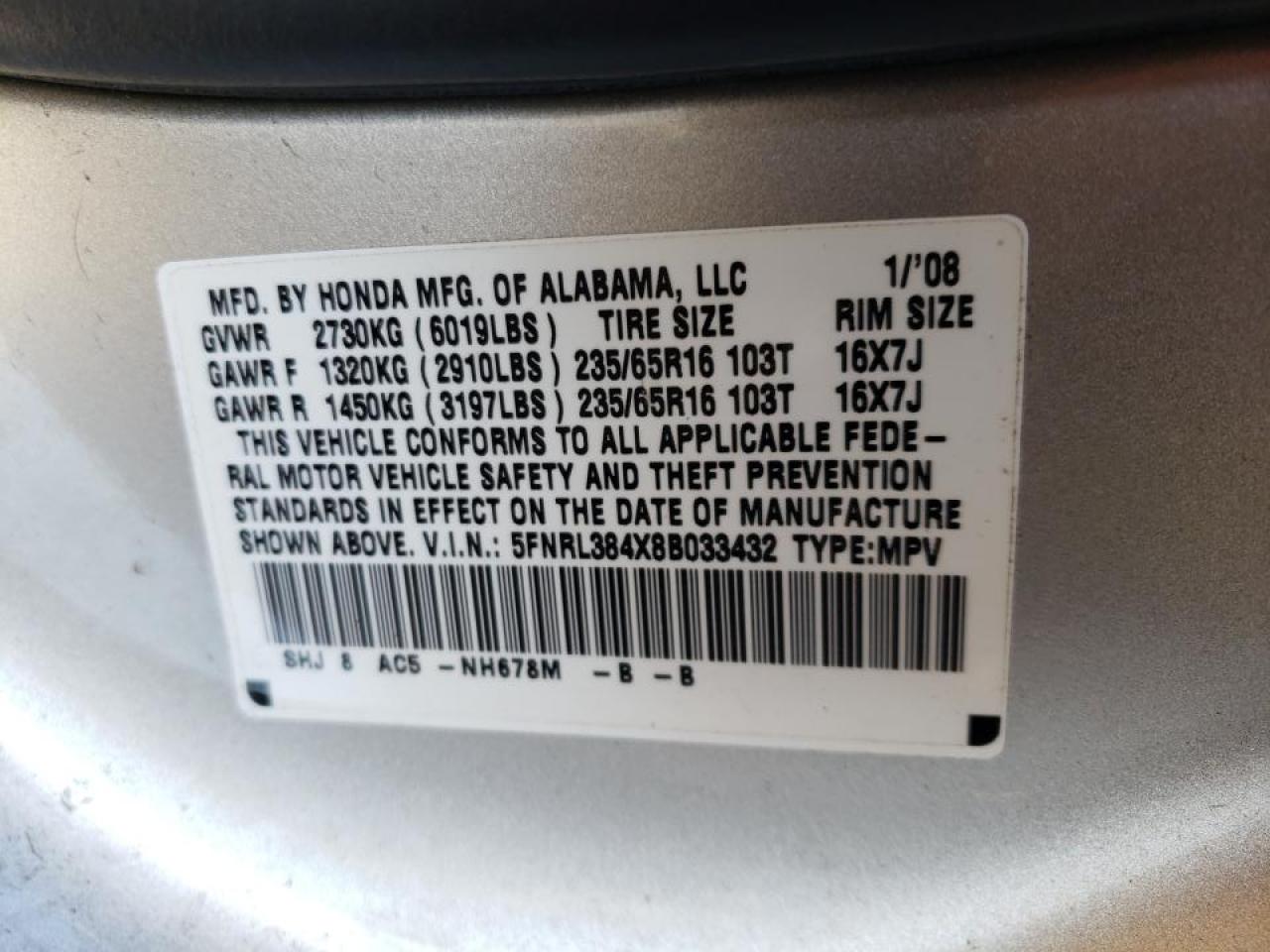 Photo 10 from auction – 2008 HONDA ODYSSEY EX with VIN 5FNRL384X8B033432