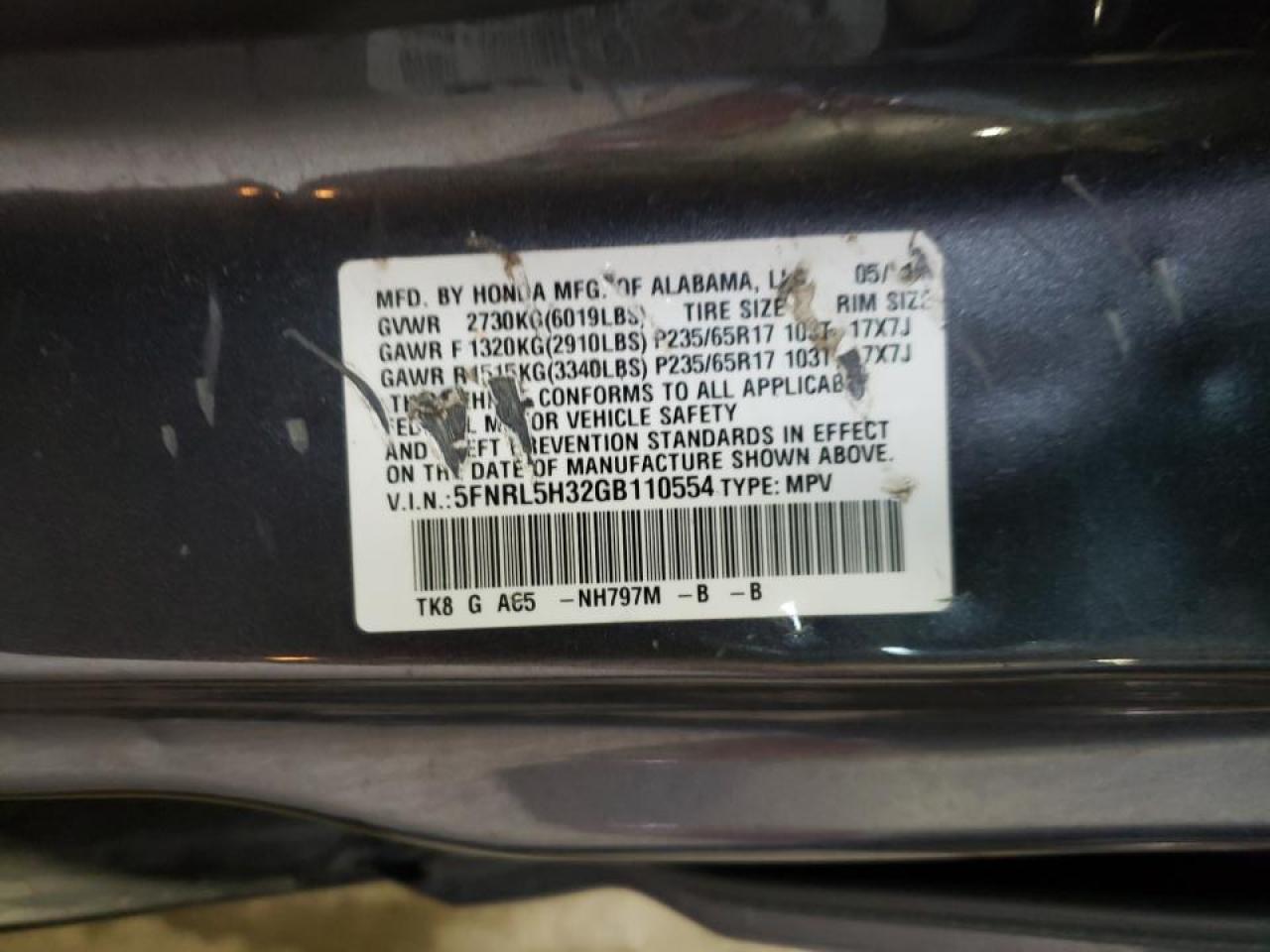 Photo 10 from auction – 2016 HONDA ODYSSEY SE with VIN 5FNRL5H32GB110554
