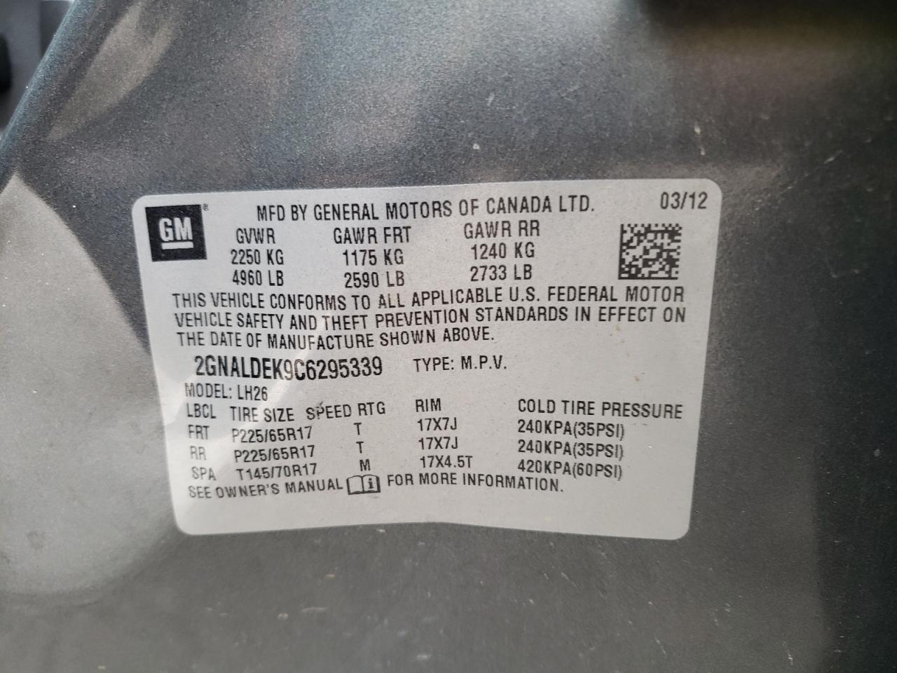 Photo 10 from auction – 2012 CHEVROLET EQUINOX LT with VIN 2GNALDEK9C6295339