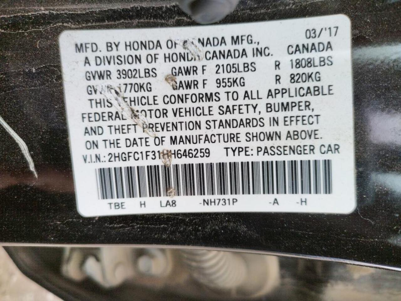 Photo 10 from auction – 2017 HONDA CIVIC EX with VIN 2HGFC1F31HH646259