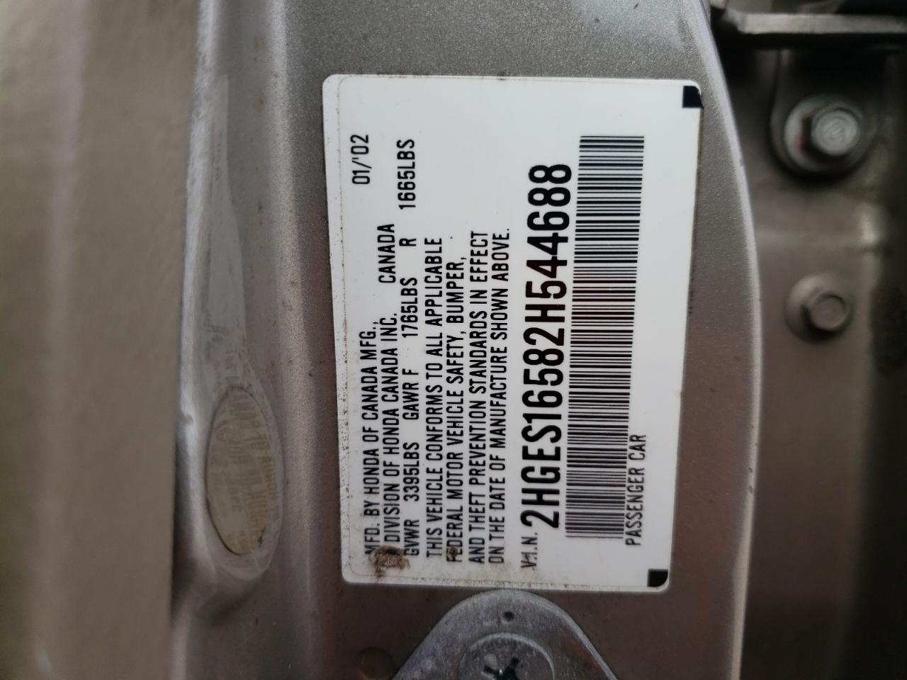 Photo 10 from auction – 2002 HONDA CIVIC with VIN 2HGES16582H544688