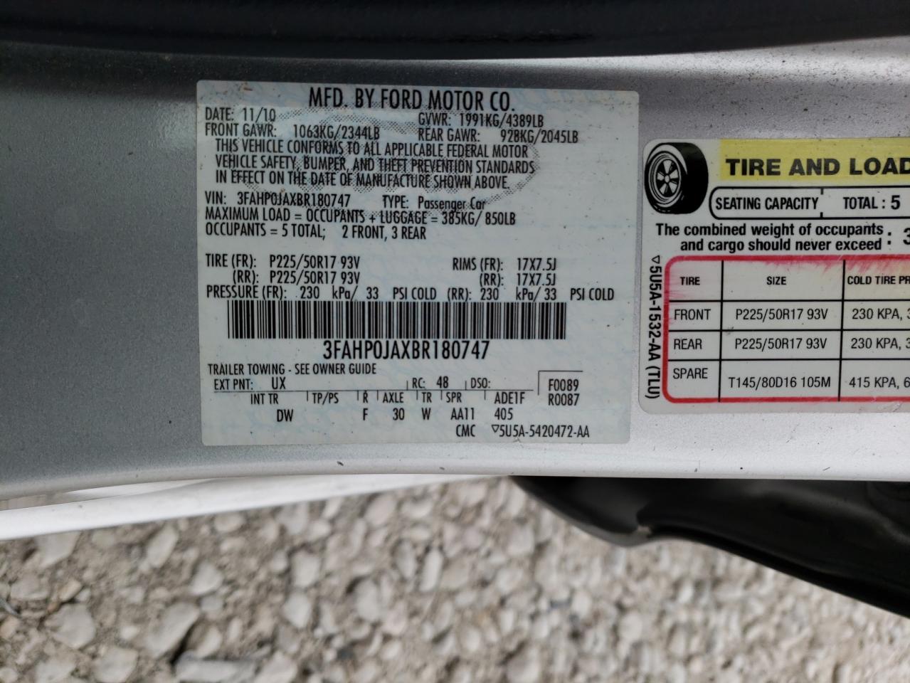 Photo 10 from auction – 2011 FORD FUSION SEL with VIN 3FAHP0JAXBR180747