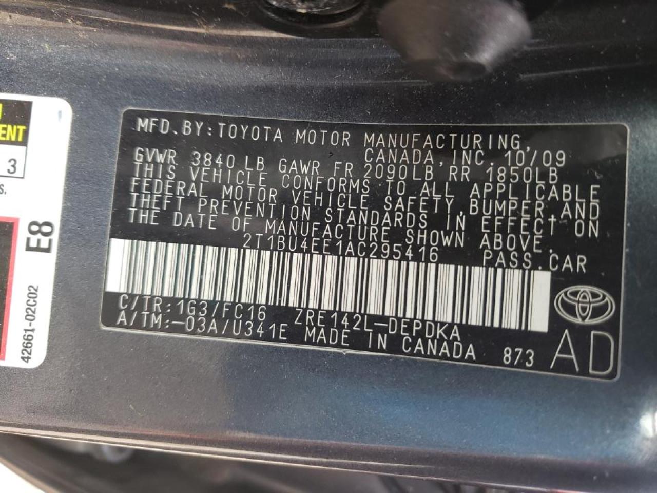 Photo 10 from auction – 2010 TOYOTA COROLLA BA with VIN 2T1BU4EE1AC295416