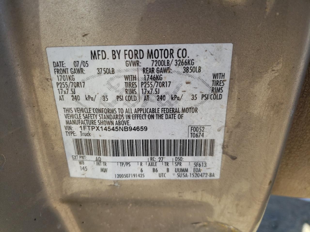 Photo 10 from auction – 2005 FORD F150 with VIN 1FTPX14545NB94659