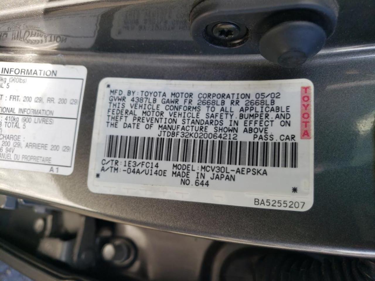 Photo 10 from auction – 2002 TOYOTA CAMRY LE with VIN JTDBF32K020064212