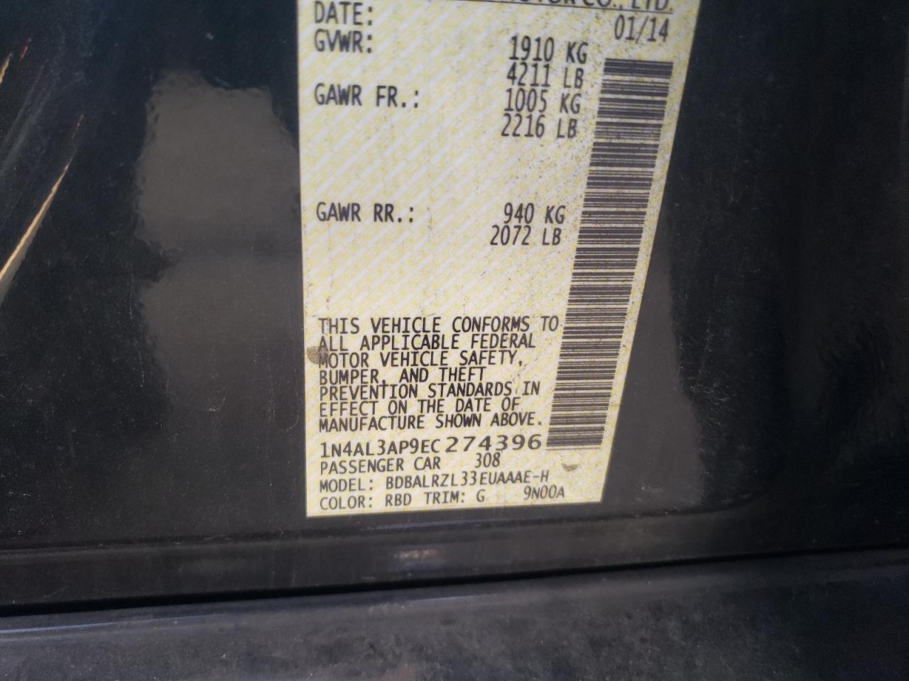 Photo 10 from auction – 2014 NISSAN ALTIMA 2.5 with VIN 1N4AL3AP9EC274396