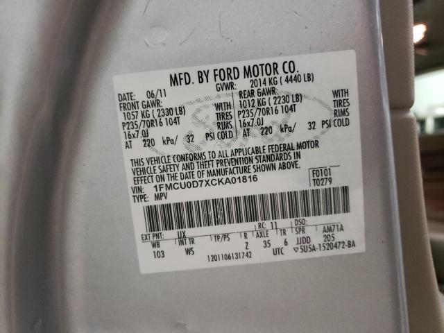 Photo 10 from auction – 2012 FORD ESCAPE XLT with VIN 1FMCU0D7XCKA01816