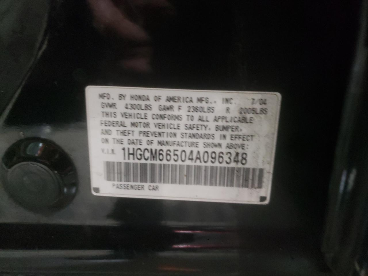 Photo 10 from auction – 2004 HONDA ACCORD EX with VIN 1HGCM66504A096348