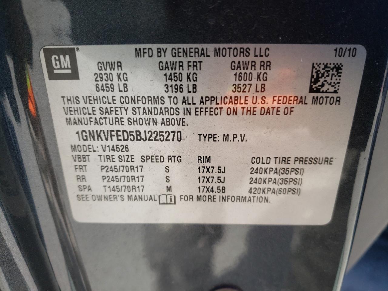Photo 10 from auction – 2011 CHEVROLET TRAVERSE L with VIN 1GNKVFED5BJ225270