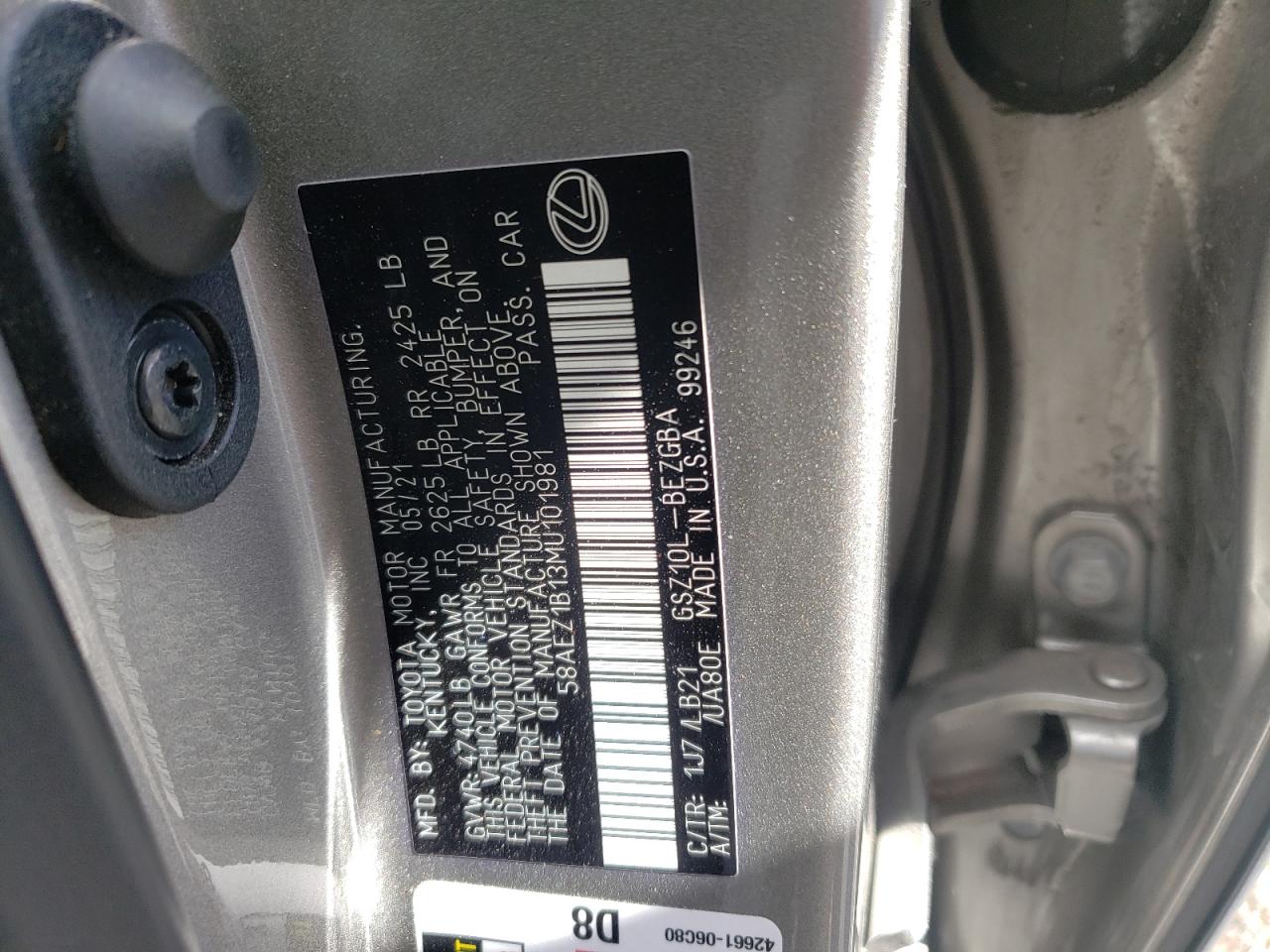 Photo 10 from auction – 2021 LEXUS ES350 with VIN 58AEZ1B13MU101981