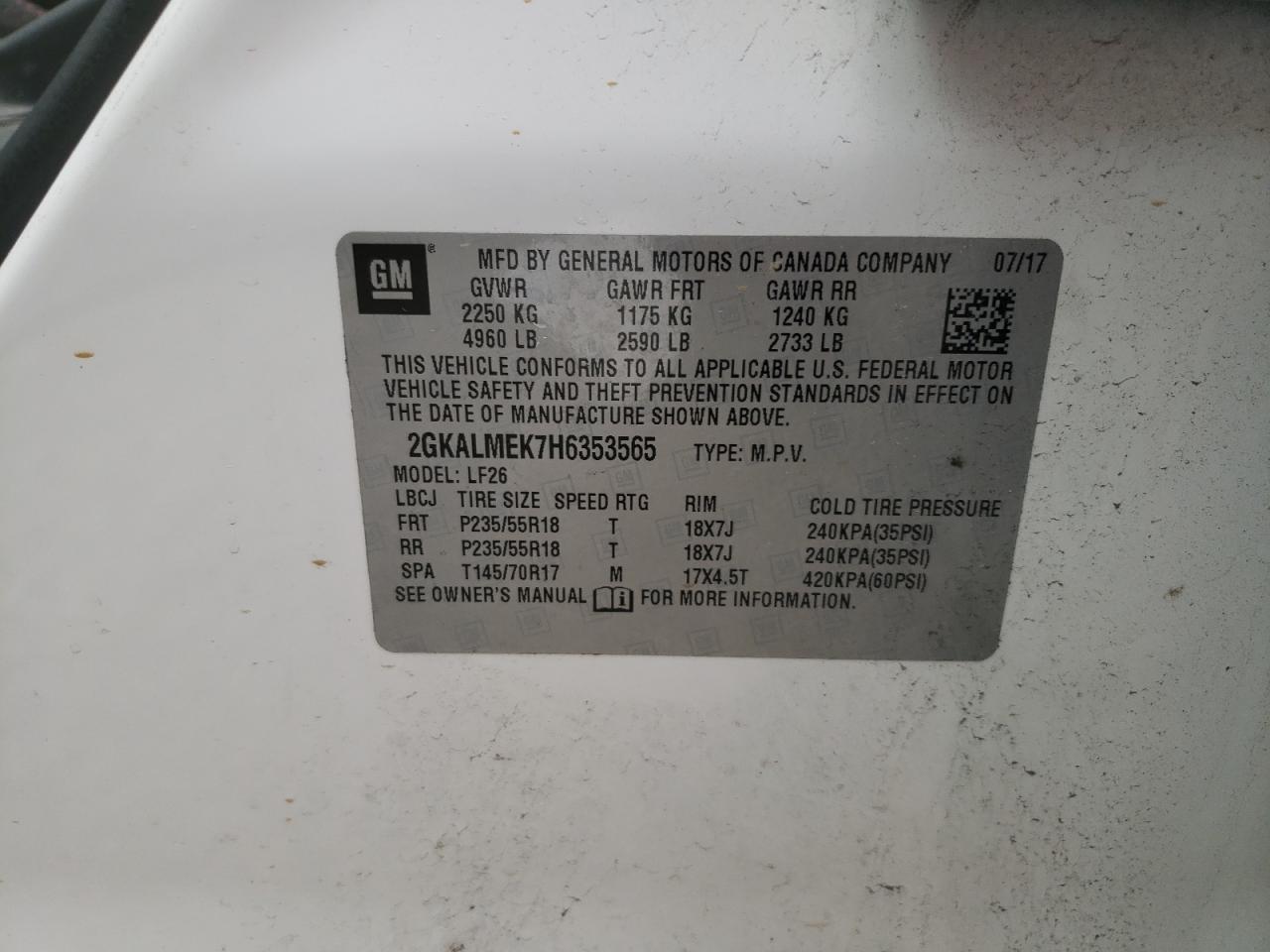 Photo 10 from auction – 2017 GMC TERRAIN SL with VIN 2GKALMEK7H6353565