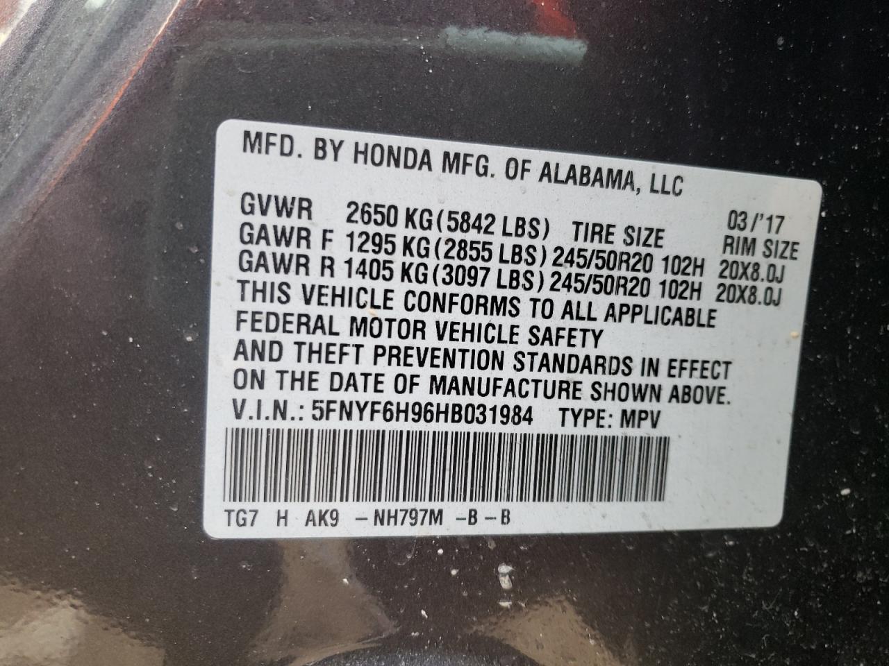 Photo 10 from auction – 2017 HONDA PILOT TOUR with VIN 5FNYF6H96HB031984
