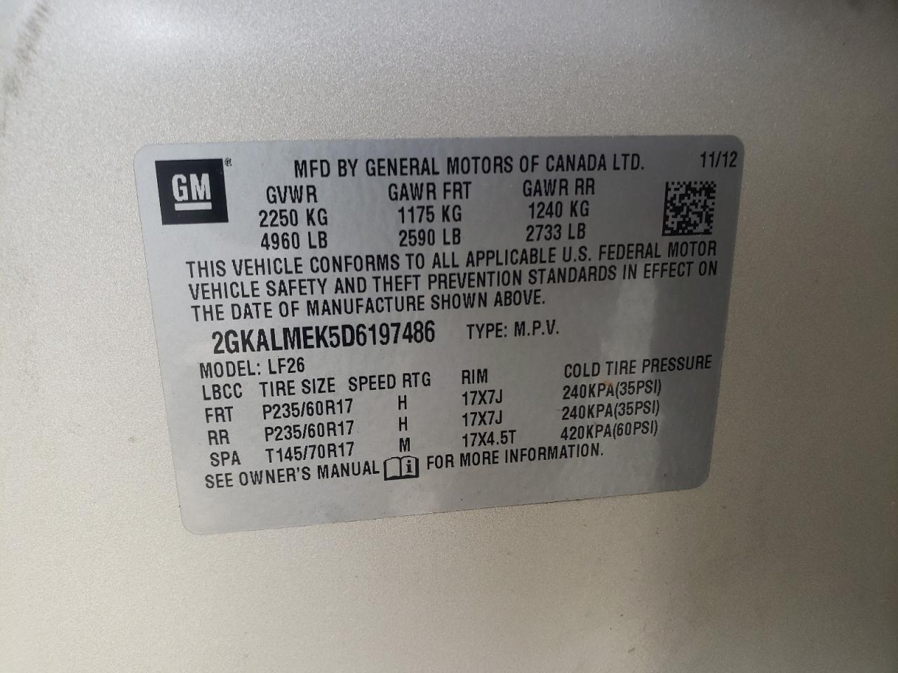 Photo 10 from auction – 2013 GMC TERRAIN SL with VIN 2GKALMEK5D6197486