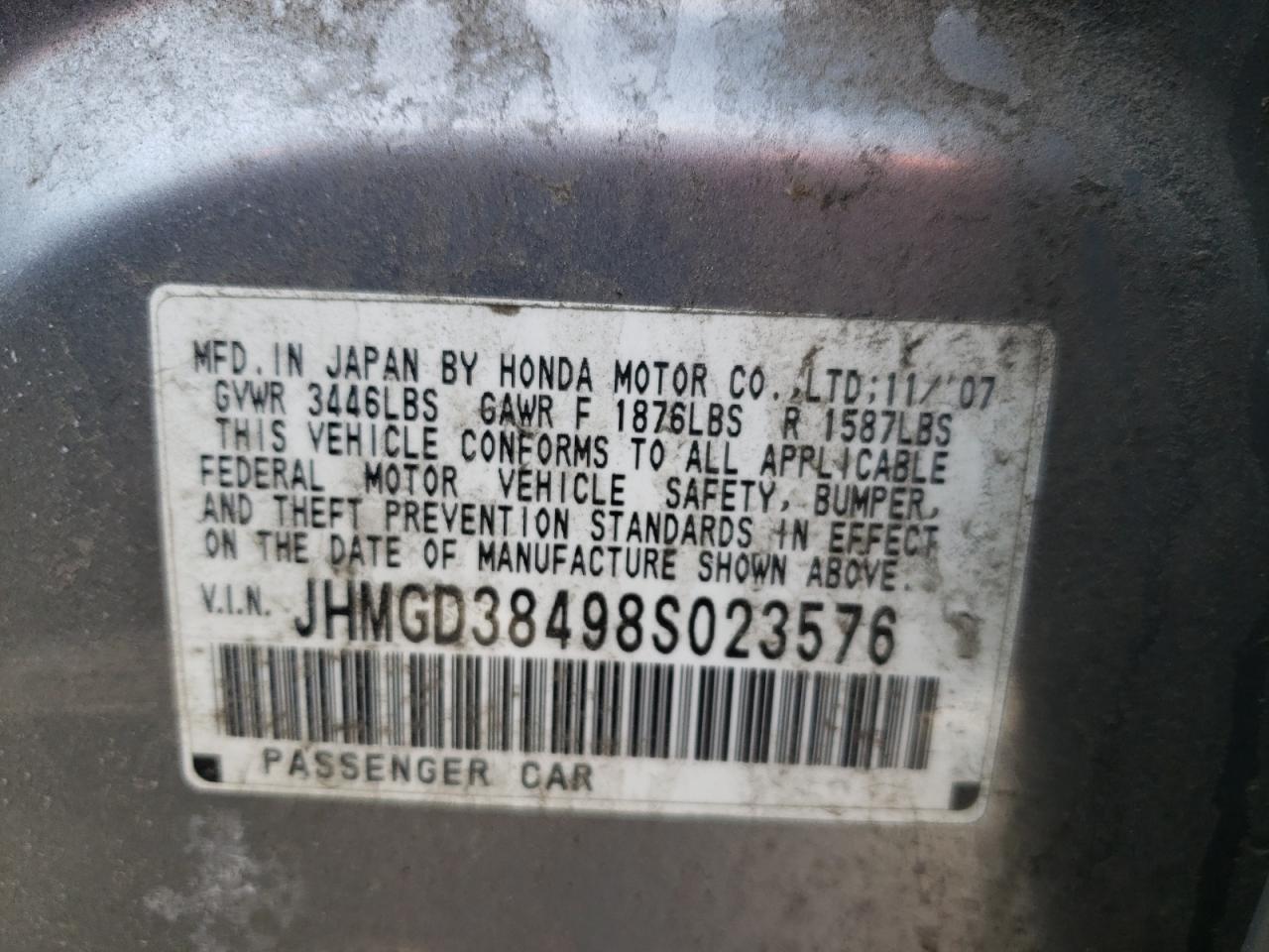Photo 10 from auction – 2008 HONDA FIT with VIN JHMGD38498S023576