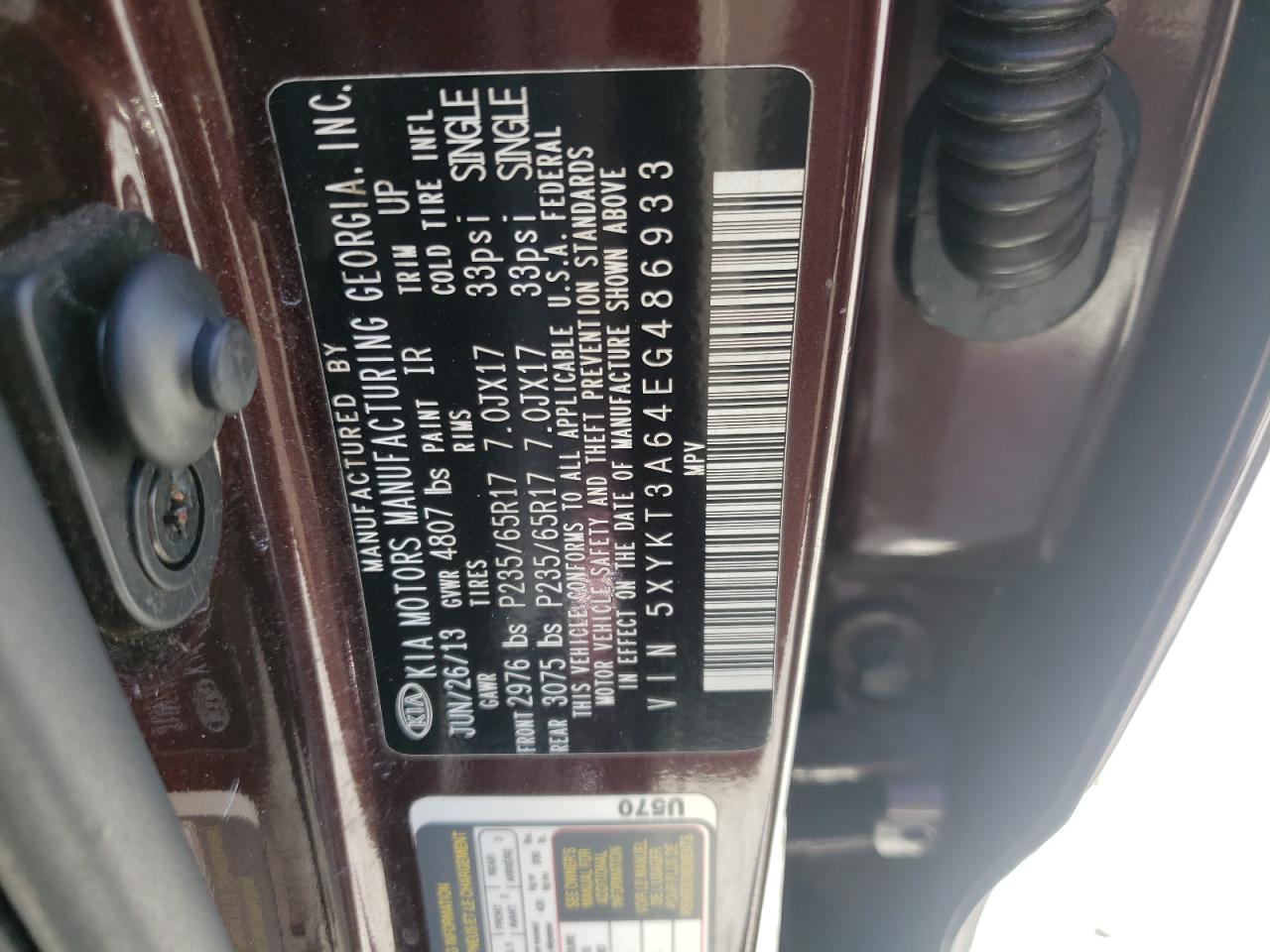 Photo 10 from auction – 2014 KIA SORENTO LX with VIN 5XYKT3A64EG486933