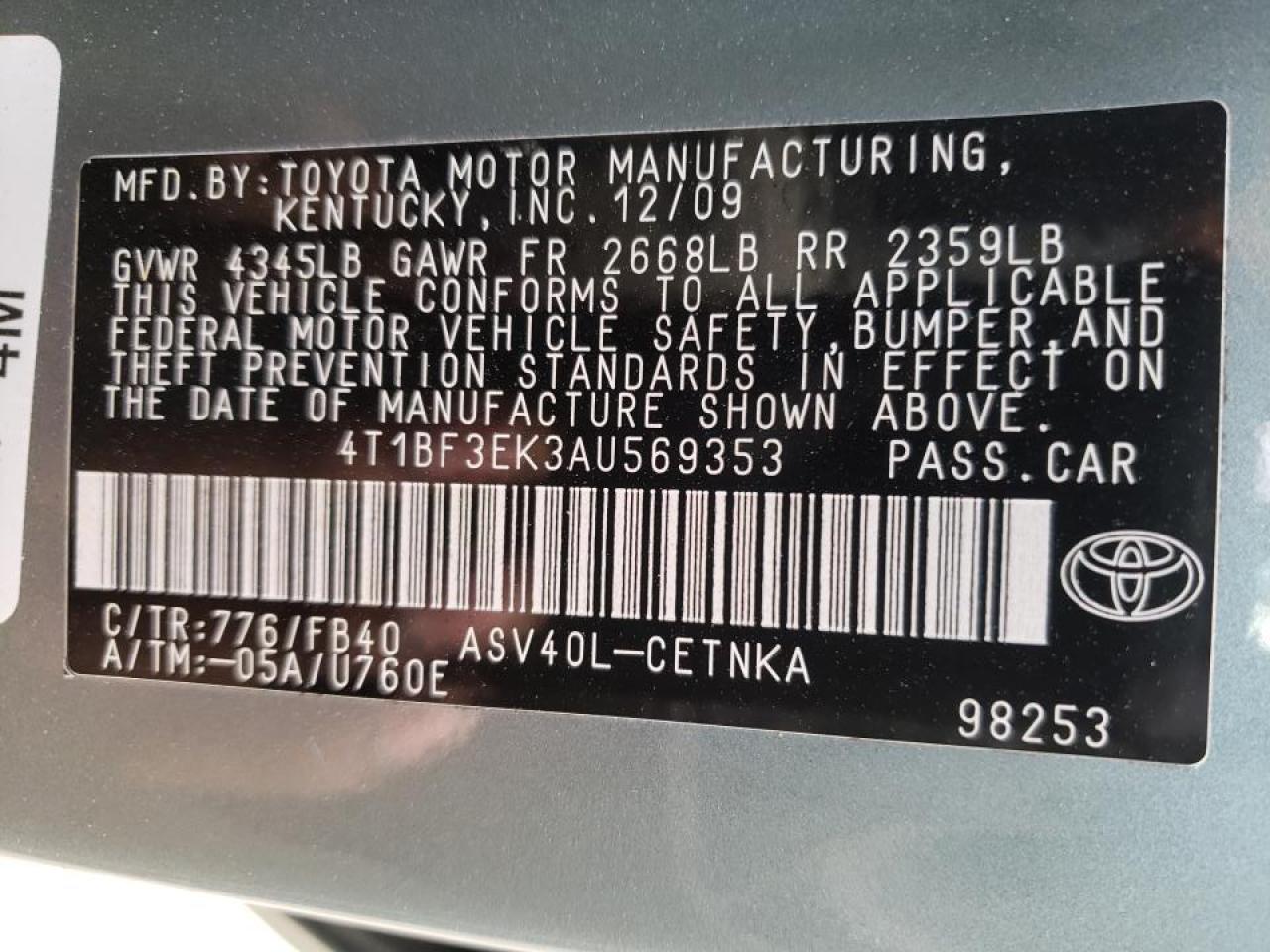 Photo 10 from auction – 2010 TOYOTA CAMRY BASE with VIN 4T1BF3EK3AU569353