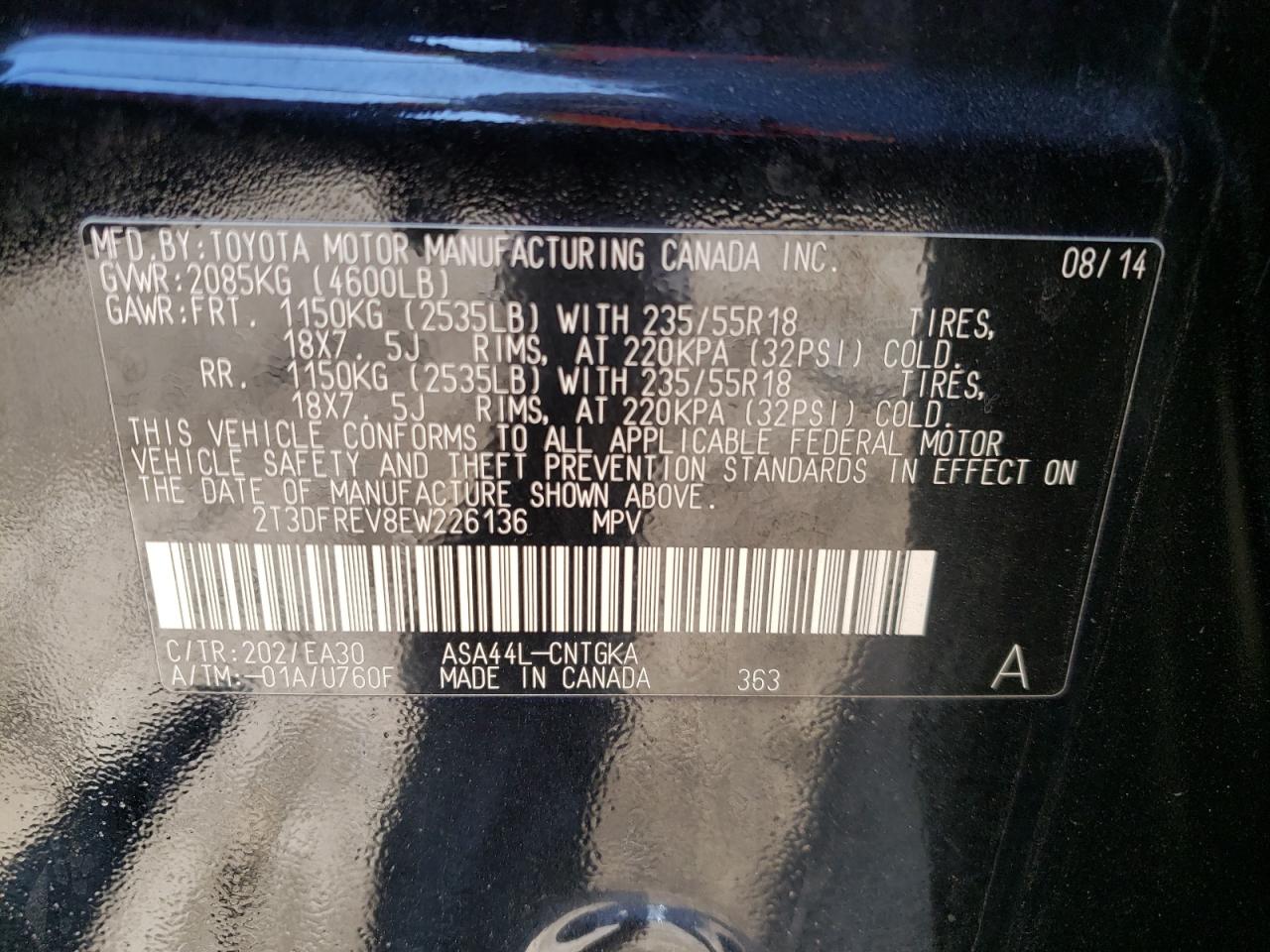 Photo 10 from auction – 2014 TOYOTA RAV4 LIMIT with VIN 2T3DFREV8EW226136