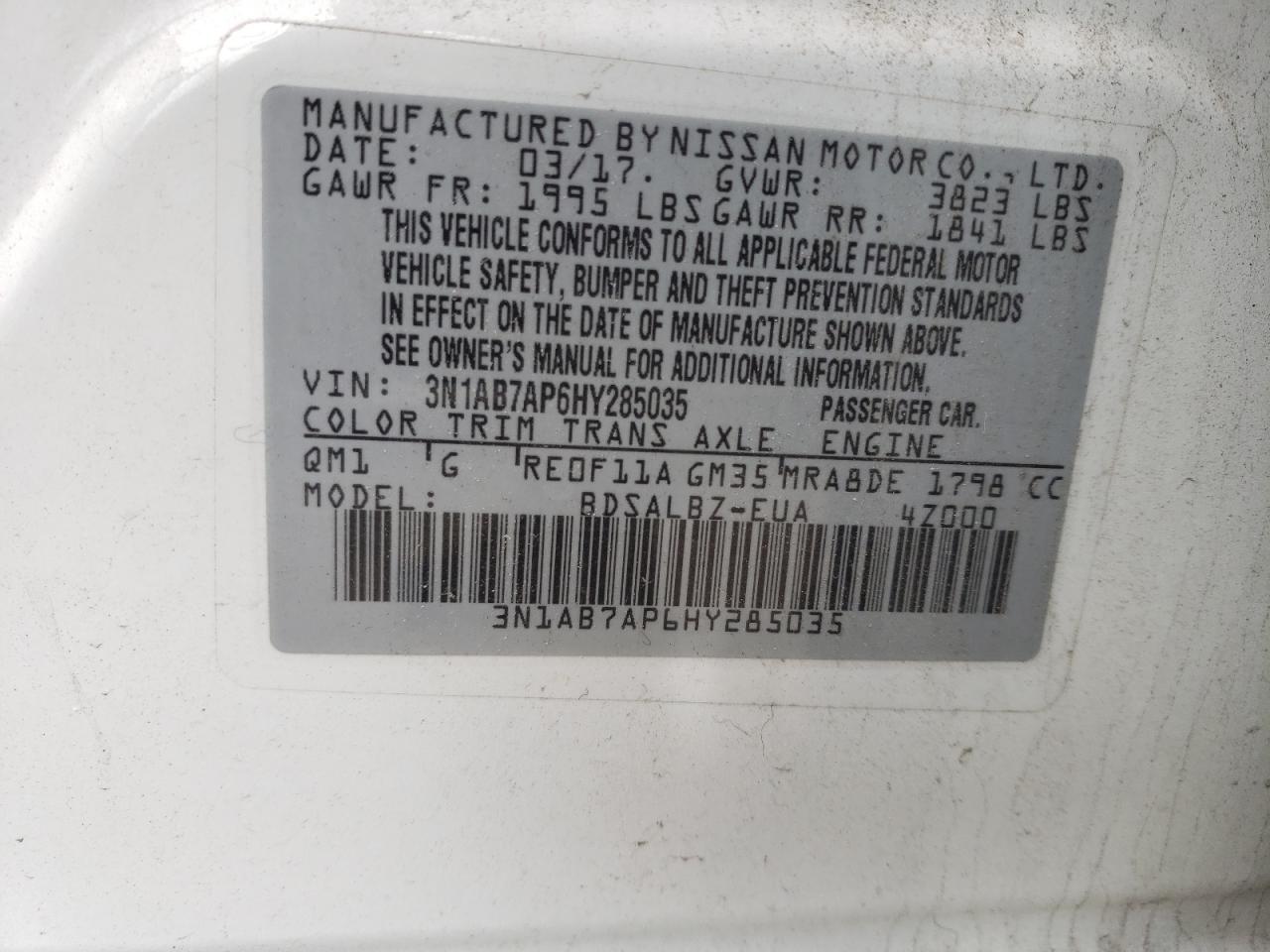 Photo 10 from auction – 2017 NISSAN SENTRA S with VIN 3N1AB7AP6HY285035