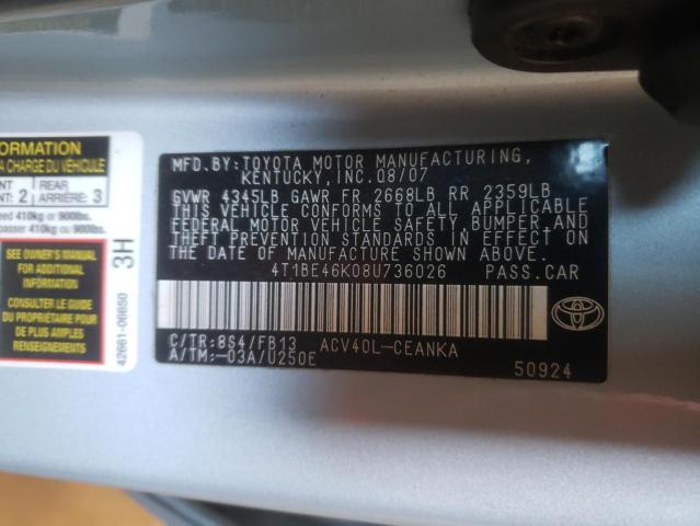 Photo 10 from auction – 2008 TOYOTA CAMRY CE with VIN 4T1BE46K08U736026