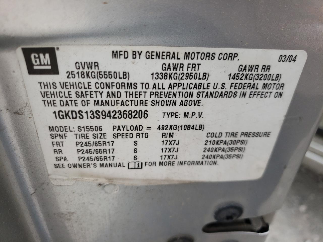 Photo 10 from auction – 2004 GMC ENVOY with VIN 1GKDS13S942368206