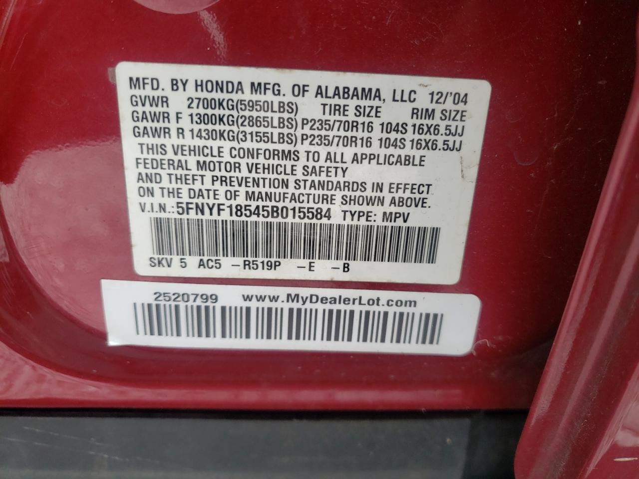 Photo 10 from auction – 2005 HONDA PILOT EXL with VIN 5FNYF18545B015584