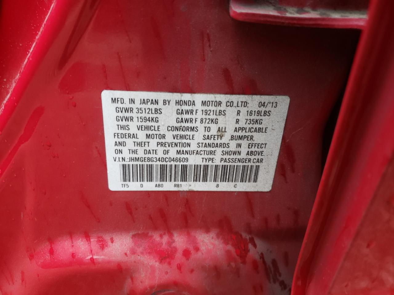 Photo 10 from auction – 2013 HONDA FIT with VIN JHMGE8G34DC046609