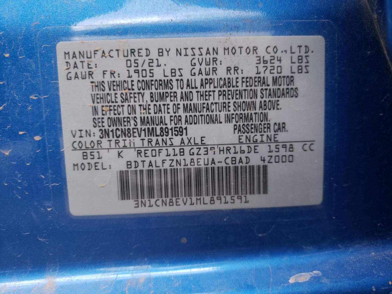 Photo 10 from auction – 2021 NISSAN VERSA SV with VIN 3N1CN8EV1ML891591