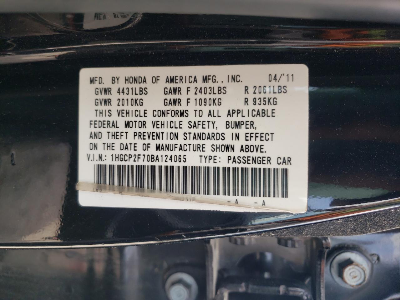 Photo 10 from auction – 2011 HONDA ACCORD EX with VIN 1HGCP2F70BA124065
