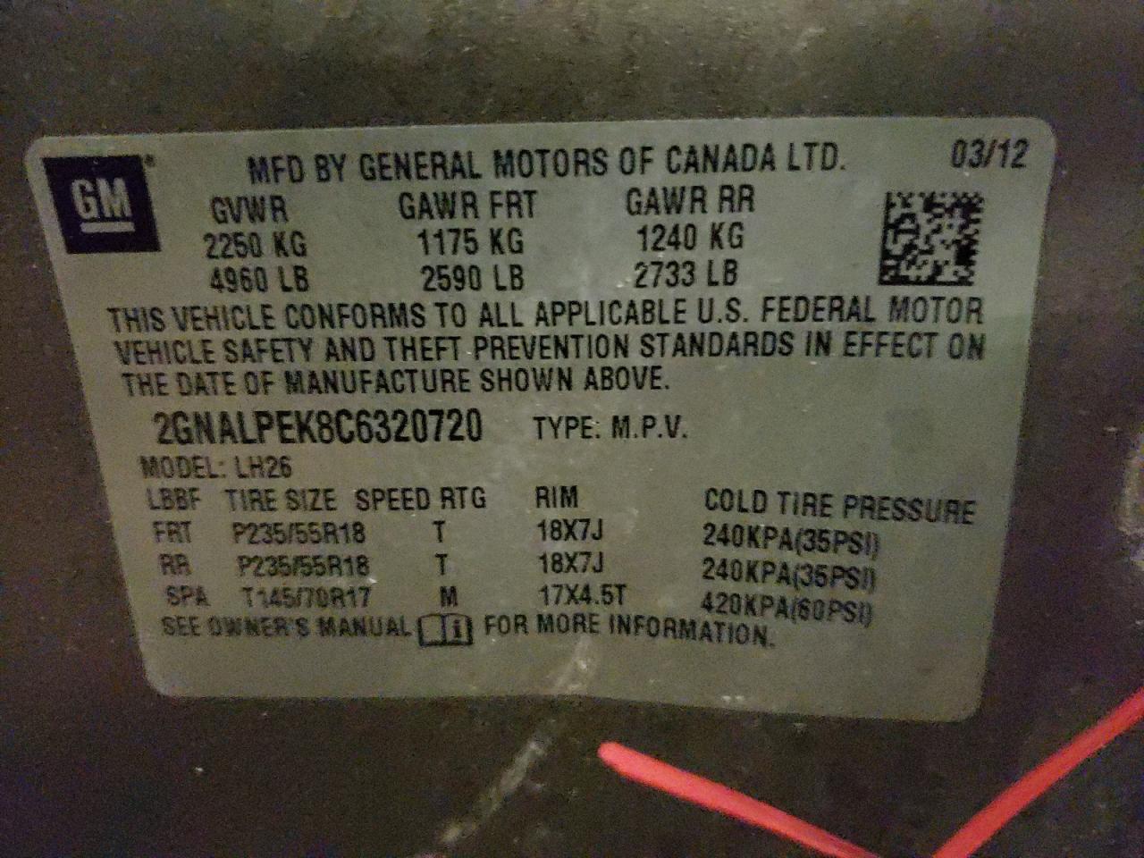 Photo 10 from auction – 2012 CHEVROLET EQUINOX LT with VIN 2GNALPEK8C6320720