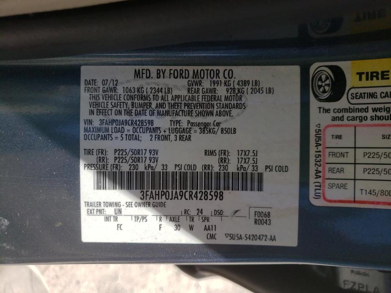 Photo 10 from auction – 2012 FORD FUSION SEL with VIN 3FAHP0JA9CR428598