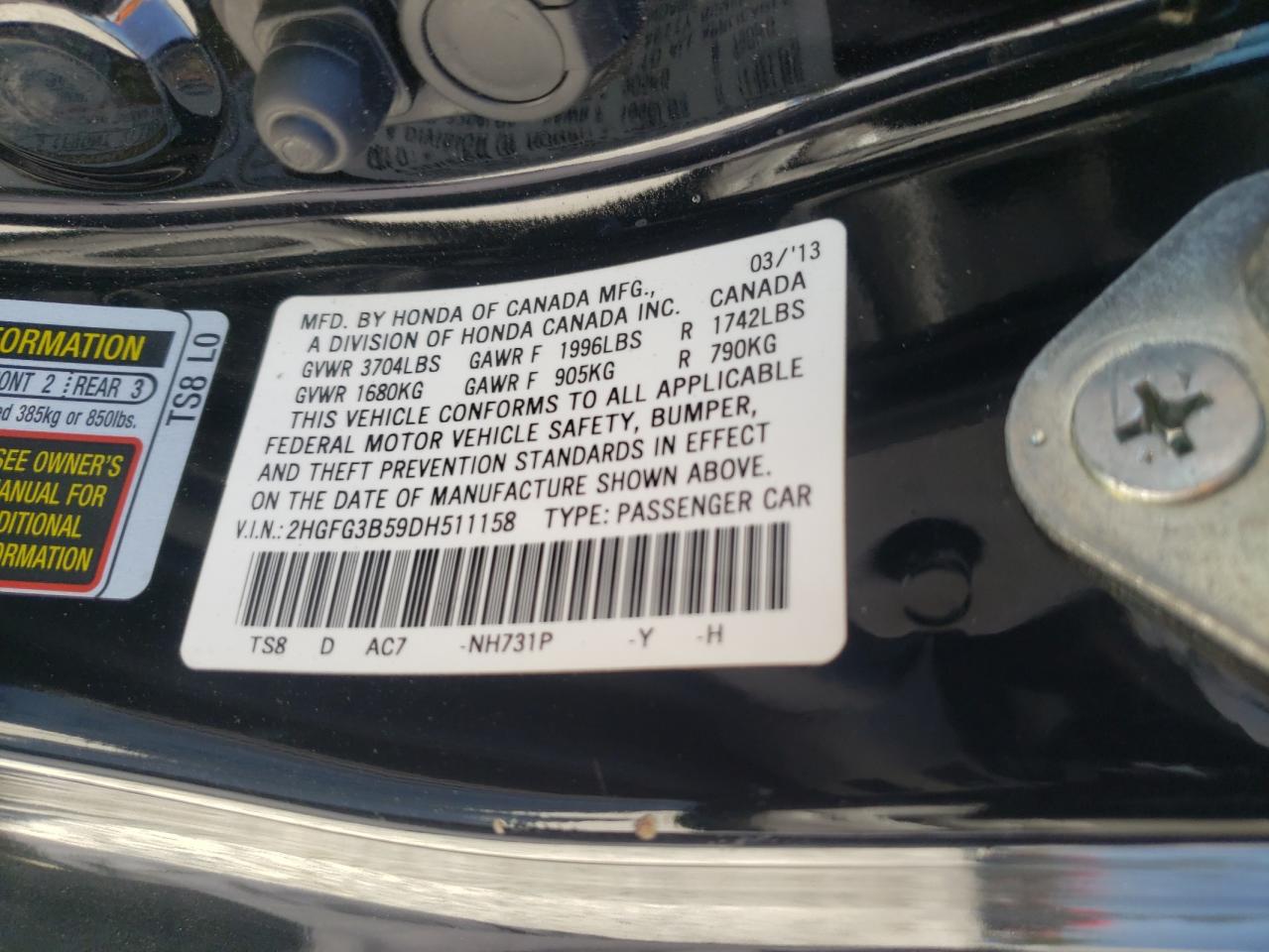Photo 10 from auction – 2013 HONDA CIVIC LX with VIN 2HGFG3B59DH511158