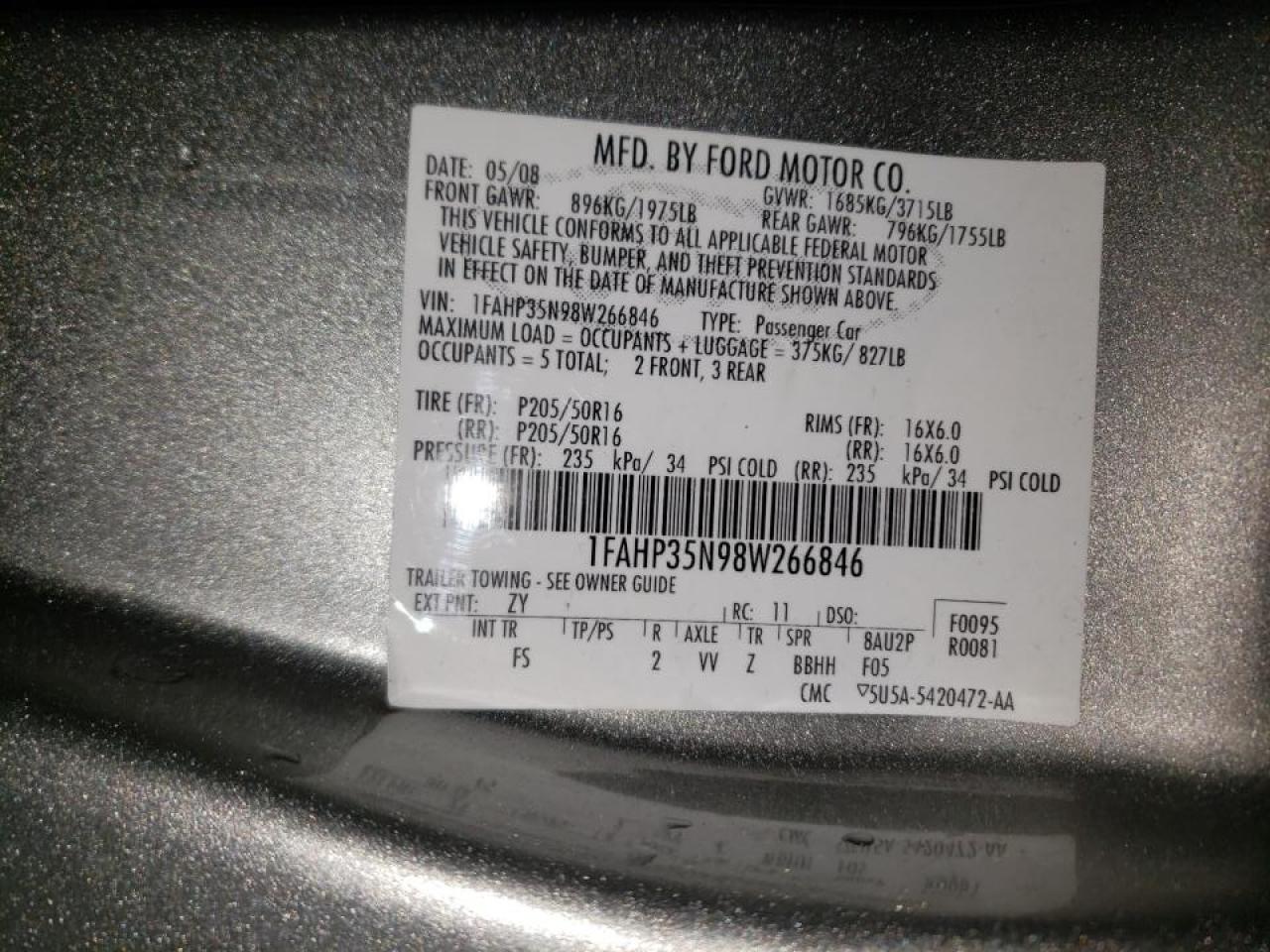 Photo 10 from auction – 2008 FORD FOCUS SE with VIN 1FAHP35N98W266846