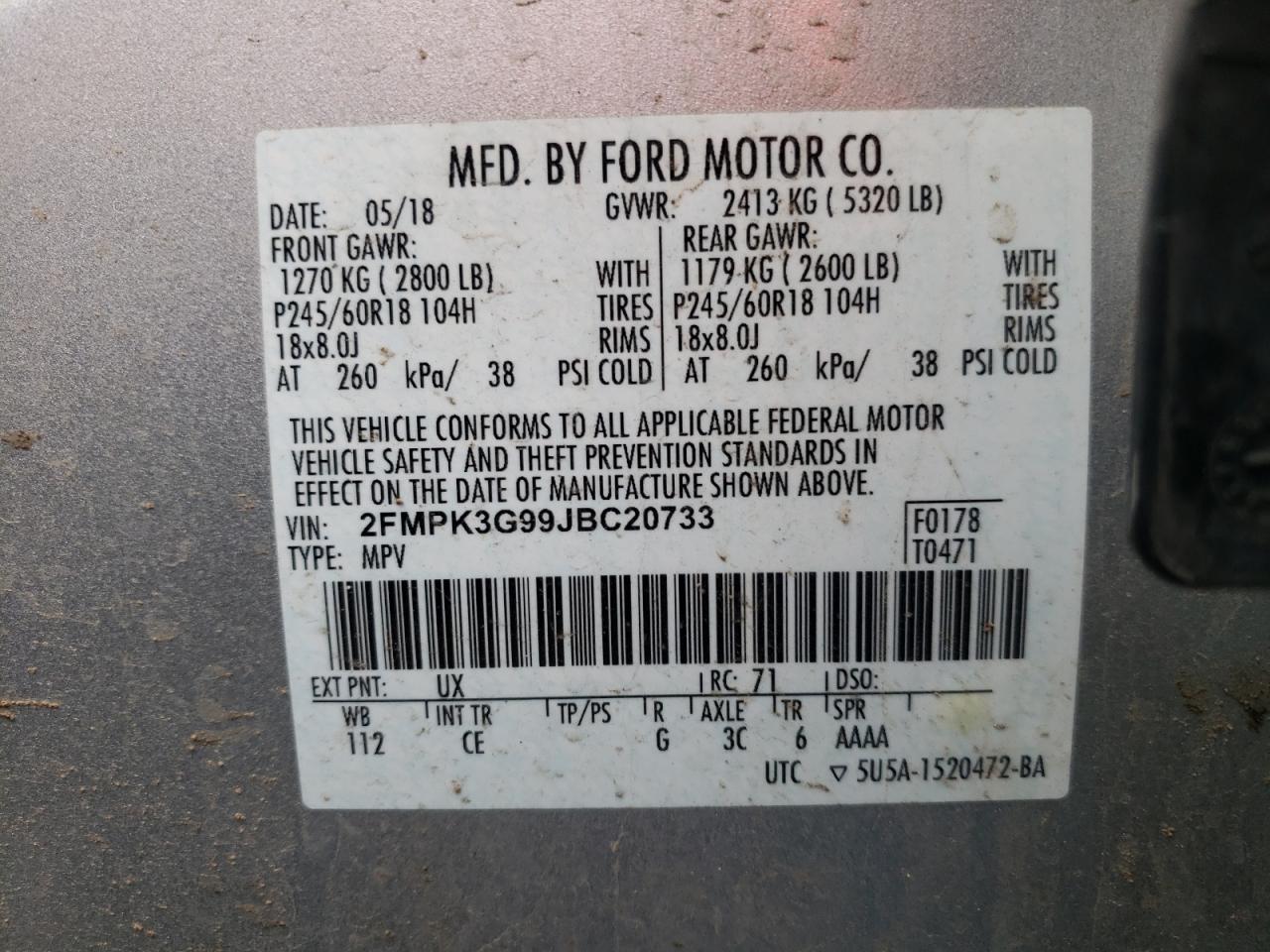 Photo 10 from auction – 2018 FORD EDGE SE with VIN 2FMPK3G99JBC20733