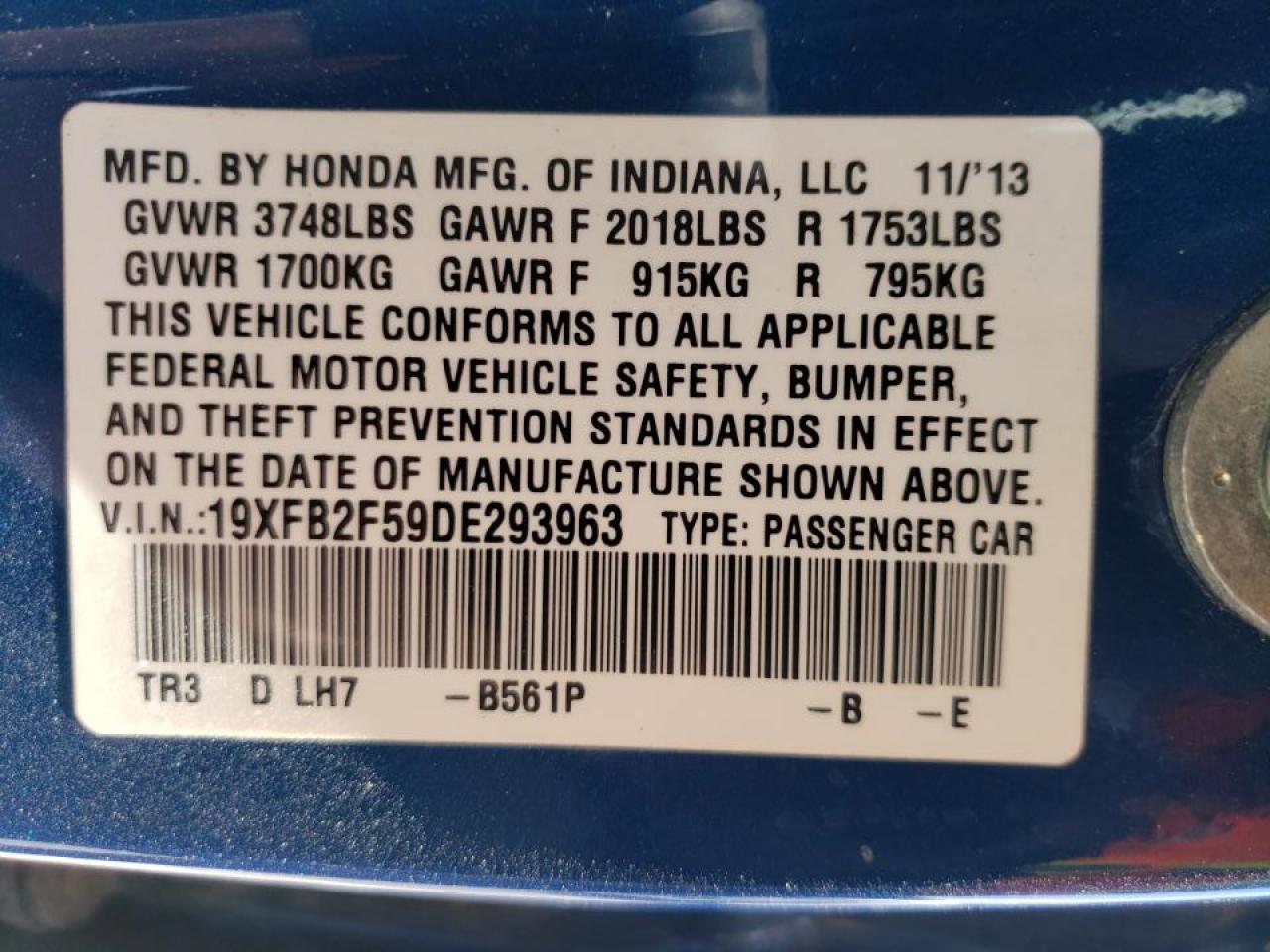 Photo 10 from auction – 2013 HONDA CIVIC LX with VIN 19XFB2F59DE293963